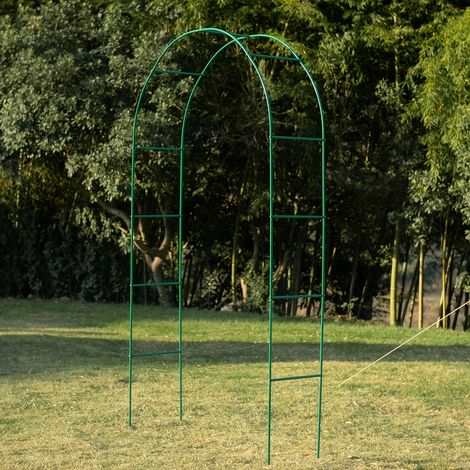 Tuteur arqué robuste vert pour plantes grimpantes. Idéal rosiers, vignes, clématites. Poteau pointu extérieur pour croissance verticale. Structure en arche. Matériau durable. (1/5)