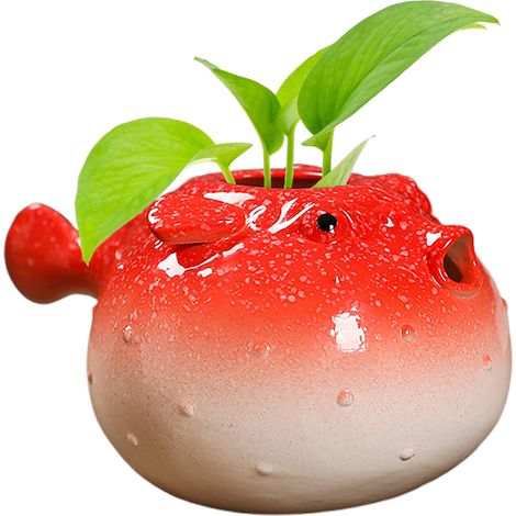 Jarrón de cerámica, pez globo pequeño, maceta de plástico de burbujas, planta hidropónica, jarrón bonito con flores de hiedra, jarrón rojo para escritorio. (1/2)