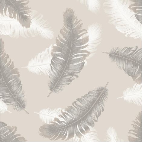 Feather Print Wallpaper Beige Neutral Metallic Effect Feature Wall Living Room (1/4)