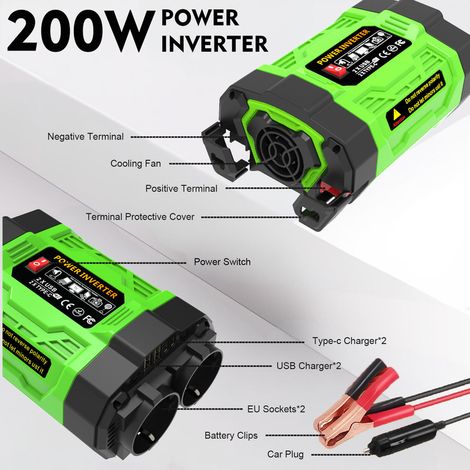 Convertisseur Puissance Voiture 200W Adattatore DC 12V AC 220V 2 Porte USB Type C 2 Prises Secteur - AUTRES (1/4)