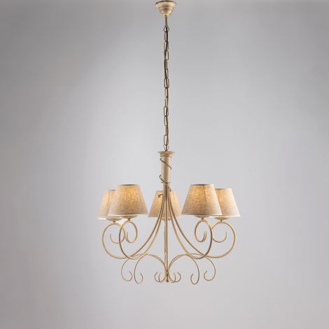 Lustre Vienna Fer Ivoire, Décor Or Antique, Abat-Jour Jute D.13, 5 Lumières D.60 Cm, Charme Vintage Intemporel