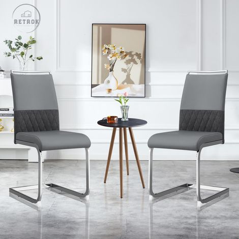 Lot de 2 chaises de salle à manger modernes, dossier en simili cuir et lin, chaise d'appoint rembourrée à dossier haut, dossier à rayures horizontales pour salle à manger, cuisine, gris (1/5)