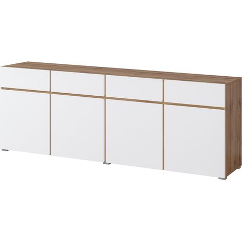 Buffet XL HAVANA – 225 cm – 4 Türen und 4 Schubladen – Eiche und Weiß – Modernes Design ohne Griffe