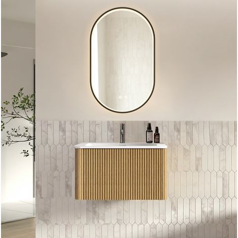 Badezimmermöbel mit Waschbecken und Spiegel 80 cm, wandhängend, LED, Eiche HAVRYA (1/5)
