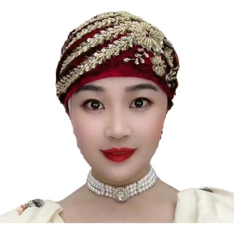 Turban pour femme, orné de sequins et de broderies assorties, léger, foulard/couvre-cheveux.-Light Wine Red (1/5)