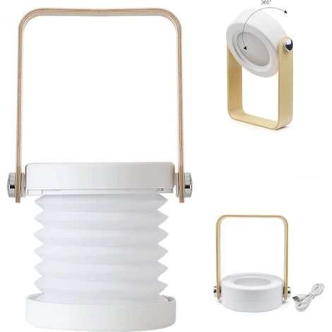 Lampe de table pliable 4 en 1 – Lampe LED pliable USB, lanterne portable avec poignée en bois et lampe torche – Lampe de nuit tactile à 3 niveaux de luminosité pour la lecture et le camping (blanche) (1/4)