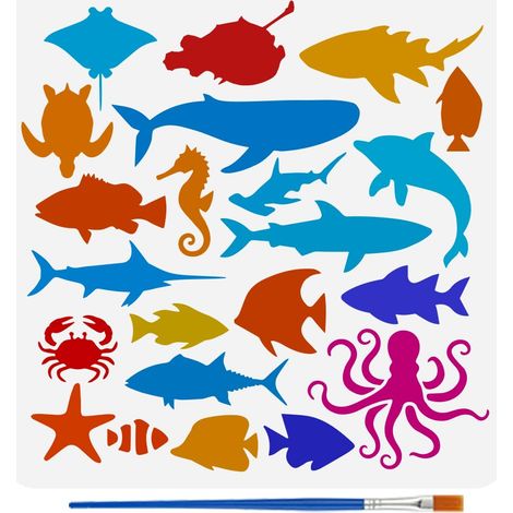 Modèle de Peinture de Silhouettes D'Animaux Marins Avec Pinceau 30X30cm Modèle de Requins Pochoir de Peinture Thème Des Animaux Marins Pochoirs de Dauphins Artisanat DIY Réutilisable (1/5)