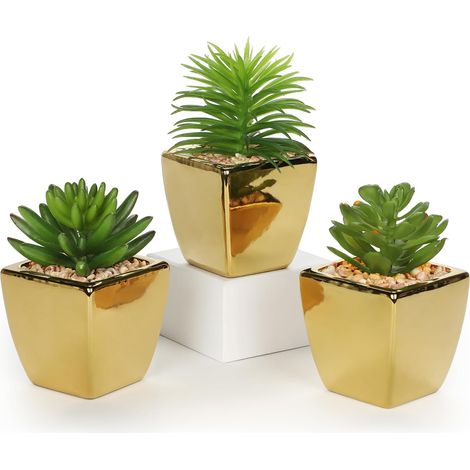 Lot de 3 plantes succulentes artificielles dans un pot en céramique, mini plantes artificielles en pot pour salle de bain, étagère, cuisine, terrasse, doré (1/5)