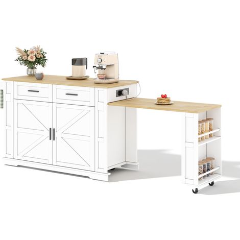 Îlot de Cuisine avec Table Extensible, Chariot de Cuisine sur Roulettes avec Prises, Tiroirs, Blanc/Chêne, 120x50x93cm (1/5)