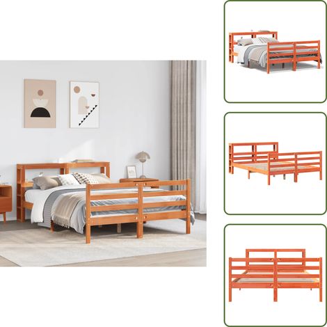 The Living Store Letto senza Materasso Marrone Cera 120x190 cm in Legno di Pino - Testiera autoportante
