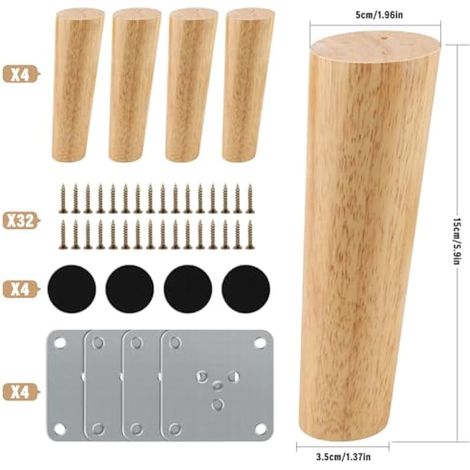 Pieds de rechange pour meubles (4 pièces) 15 cm en bois - Pieds de canapé inclinés avec plaque de montage, vis et tapis antidérapant pour lit, armoire, tables et chaises (cylindrique) (1/5)