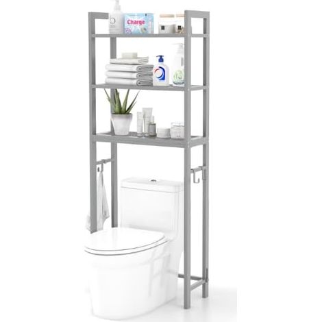 COSTWAY Estantería de Baño sobre Inodoro, Organizador de Metal para el Baño Que Ahorra Espacio con 3 Ganchos, Estantería de 3 Niveles Encima Inodoro Lavadero (Gris)