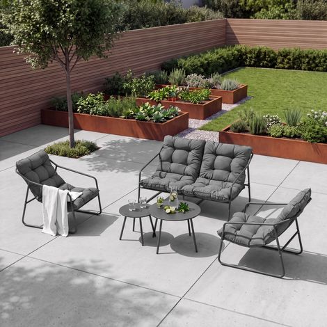 Set di 5 Mobili da Giardino Kivanta 2 Tavolini Rotondi 2 Poltrone e Divano - Grigio Scuro [en.casa] (1/5)