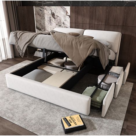Letto imbottito moderno in velluto beige 160x200 cm con testiera regolabile, 3 cassetti, contenitore idraulico e rete a doghe (1/5)