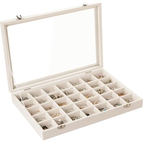 plateau de bijoux velours 35 compartiments avec couvercle en verre transparent boîte de rangement boucles d'oreilles bagues bracelets pour femmes beige