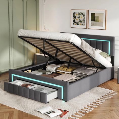 Lit coffre 140x200 cm - Cadre de lit avec tiroirs, roulettes, éclairage LED, espace de rangement, gris, sans matelas (1/5)