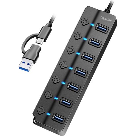 Hub attivo USB 3.2 Gen1 a 7 porte, compatibile con LogiLink, con interruttori LED e alimentatore rapido. (1/5)