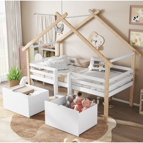 Lit enfant mi-hauteur 90/200 cm blanc et naturel en bois massif et MDF avec toit et rangements (1/5)