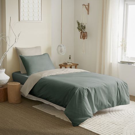 Pack complet 4 pièces Eucalyptus/Lin réversible housse de couette pour lit 90 x 190 cm - Lin - (1/2)