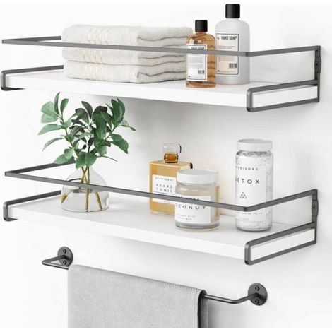 White floating shelves with towel rack, bedroom decor and kitchen storage, corner wall shelf (white-dark gray, set of 2) (1/5)