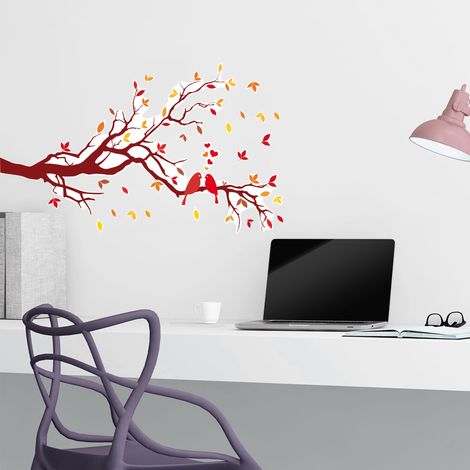 Sticker décoratif, illustration rendez-vous automnal, oiseaux amoureux sur leur branche, 68 cm X 48 cm (1/3)