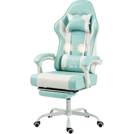 Fauteuil de jeu avec massage lombaire, vibration, inclinaison jusqu'à 155°, appui-tête réglable et repose-pieds rétractable, bleu (1/5)