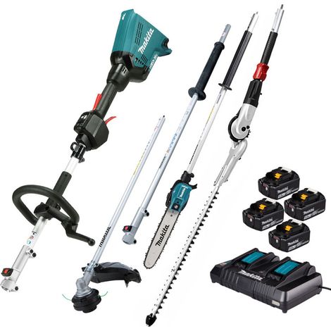 MAKITA Pack Outil Multifonctions 36V DUX60 + Rallonge + Coupe-Herbe + Perche élagueuse + Taille-haies + 4 batt 5Ah + Chargeur