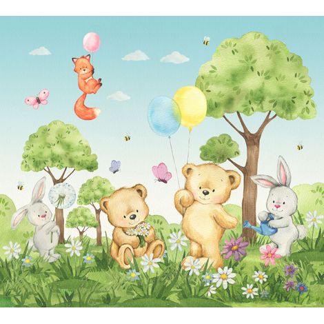 papier peint panoramique forêt avec des animaux de la forêt vert et bleu - Sanders & Sanders (1/4)