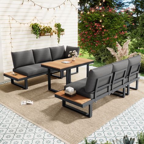 Salon de Jardin Exterieur angle réglable 6 positions°, Table de Jardin Exterieur bois composite, canapé d'extérieur acier galvanisé - Gris BATDTECH (1/5)