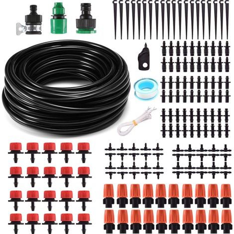 Kit de riego por goteo para jardín, sistema de riego de microflujo con tuberías, kit de riego por goteo automático de 15 m para macizos de flores. (1/4)