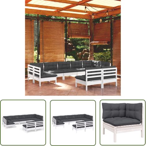 The Living Store 9-tlg. Garten-Lounge-Set mit Kissen Weiß Kiefer Massivholz - Garten Lounge Set - Kiefernholzmöbel - Outdoor Möbel - Gartenmöbel - Loungemöbel (1/5)