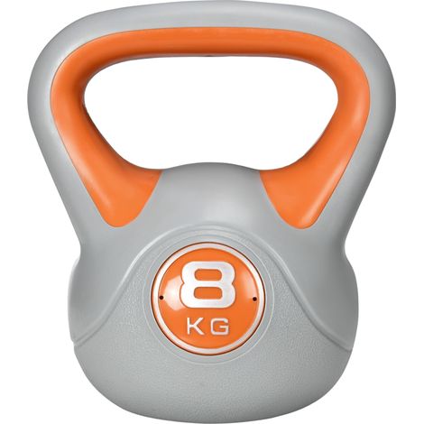 Kettlebell de 8 kg en polyuréthane et sable, avec base plate et poignée, pour soulevés de terre, squats et autres exercices, 20 x 14 x 24 cm, orange. (1/5)