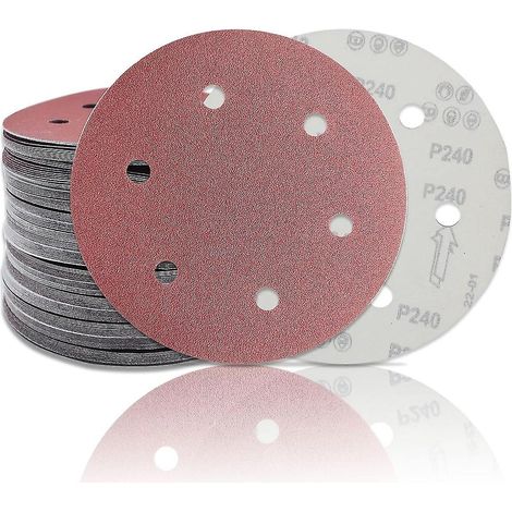 Lot de 30 disques abrasifs de 225 mm (5 grains : 40/60/80/120/180/240) pour ponceuses à long col et meuleuses à plaques de plâtre. Papier de verre à 6 trous ronds. (1/5)