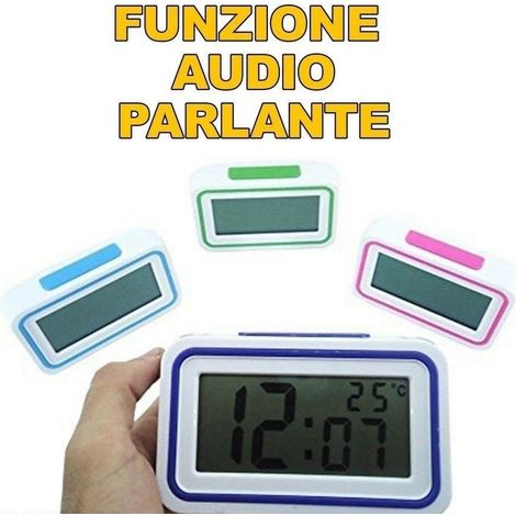 SVEGLIA OROLOGIO DIGITALE SCHERMO LCD PARLANTE TASTO AUDIO ITALIANO PER IPOVEDENTI