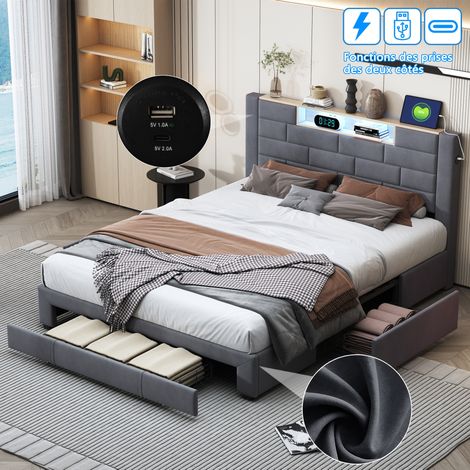 Bett 140x200 cm, mit 3 Schubladen, LED-Beleuchtung, USB-A/C-Ladeanschluss, Holzlattenrost, Metallrahmen, gepolstertes Erwachsenenbett aus Samt - Grau