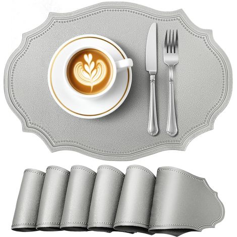 Platzsets, 6-teiliges Set, ovale Form, rutschfest, wasserdicht, hitzebeständig, geeignet für den Innen- und Außenbereich, 43 x 30 cm, grau.