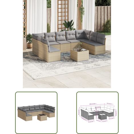 The Living Store 10-tlg. Garten-Sofagarnitur mit Kissen Beige Poly Rattan - Gartengestelle - Gartenmöbelset - Lounge Möbel - Rattan Gartenmöbel - Garten Sofa Set