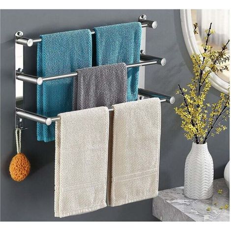 Multilayer 304 Stainless Steel Wall-Mounted Towel Rail - Wall Mount - 3 Bars - For Bathroom and Kitchen (50cm with hook) (1/4)