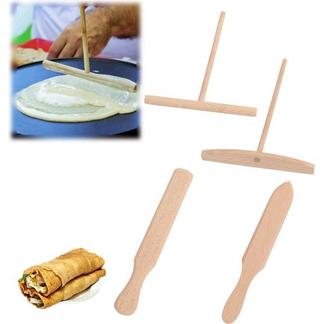 Set de crêpes en bois de hêtre 4 pièces : répartiteur de pâte, spatule, spatule pour crêpes