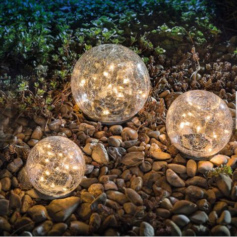 Lampes solaires décoratives – Ensemble de 3 abat-jour en verre craquelé (10/12/15 cm) – Lumière blanche chaude automatique (1/4)