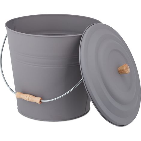Relaxdays Cubo Cenizas con Tapa, 12 Litros, Accesorio Chimenea, BBQ, Acero y Madera, Contenedor Ceniza con Asa, Gris (1/5)