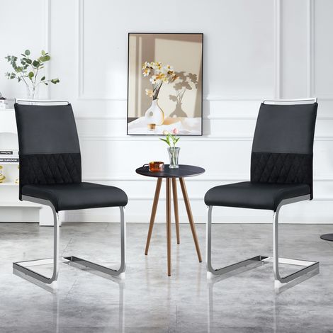 Silla de comedor modernas 2 piezas alto respaldo acolchado rayas horizontales para comedor cocina oficina cuero PU lino negro