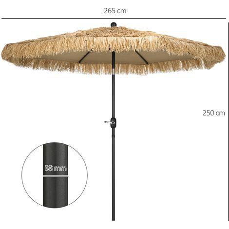 Parasol de jardin rond avec toit de chaume et manivelle, 265 cm de diamètre x 250 cm de hauteur, couleur kaki. (1/5)