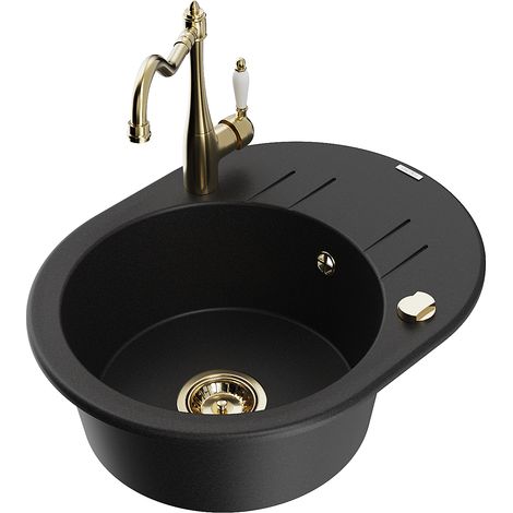 Mexen Kevin fregadero de granito de 1 tazón con escurridor y grifo de cocina Carla, negro - 6517-77-670700-50 (1/5)