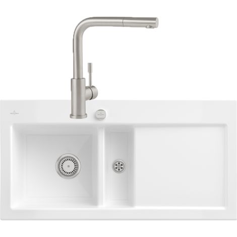 Evier VILLEROY ET BOCH Subway Pure 60 1 bac et demi égouttoir à droite vidage auto + Robinet Steel Shower Acier Massif (1/4)