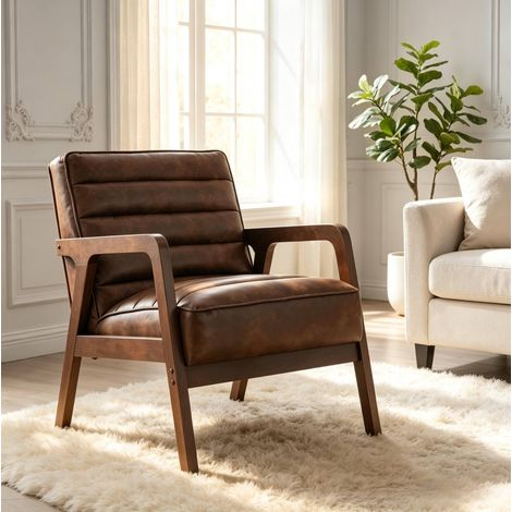 Sillón de salón de polipiel marrón 64x86x79 cm con estructura de madera vintage - CHICFURN (1/5)