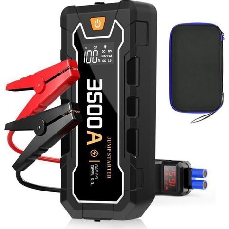 1 unité Booster de Batterie, 3500 A, Démarreur de Voiture 12 V, 14800 mAh, avec Lampe LED et 2 ports USB-A, pour usage routier et garage