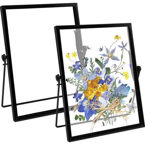Set di 2 cornici portafoto verticali in vetro formato A5 - 15 x 20 cm - Doppia faccia - Metallo color oro - Per foto, fiori secchi, campioni di piante, nero (1/5)
