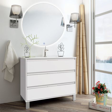Meuble de salle de bain simple vasque - 3 tiroirs - blanc - IRIS 3C et miroir rond Led SOLEN - 80cm (1/5)