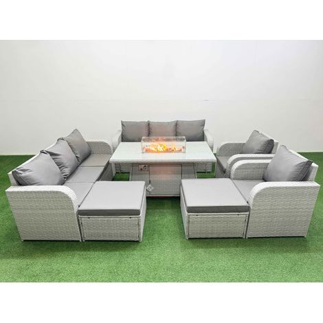 Fimous PE Rattan High Back Lounge Sofa Set Patio Firepit Dining Table & Chairs Set with 3 Seater Sofa Reclining Chair 2 Big Footstool Light Grey (1/4)
